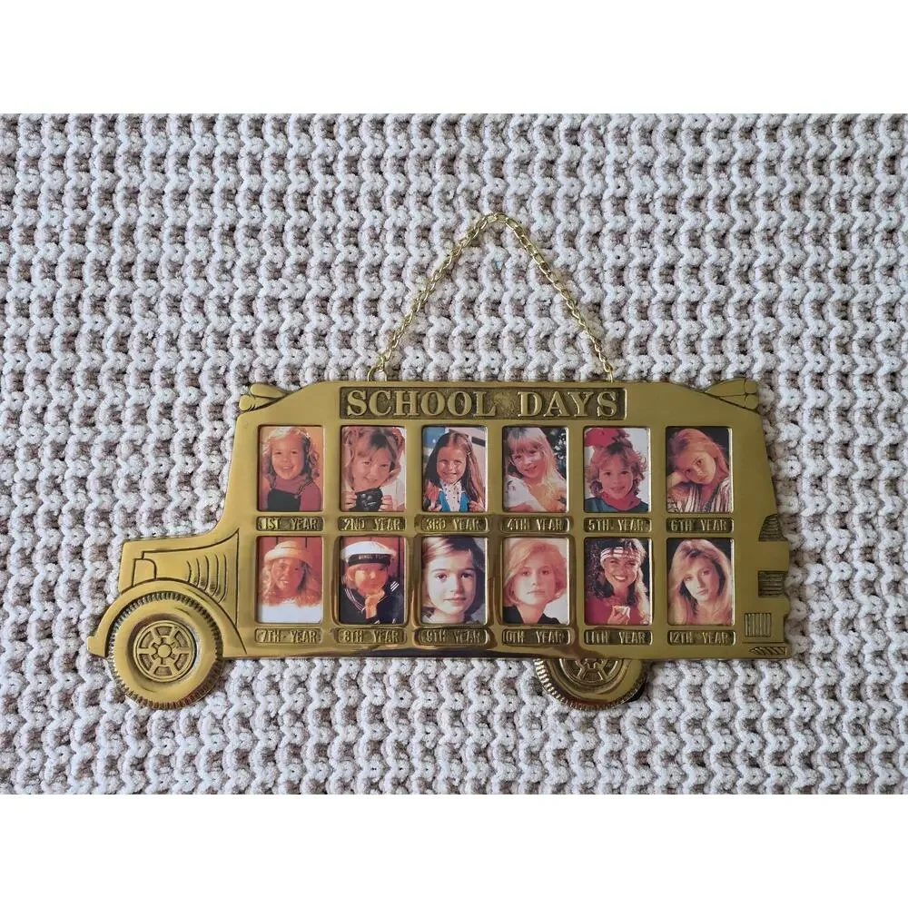 NIB VTG Solid School Bus Picture Frame Through The Years 1st -12th Hang or Easel